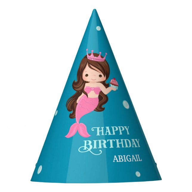Brunette Mermaid Birthday Party Hat - Personalized (Front)