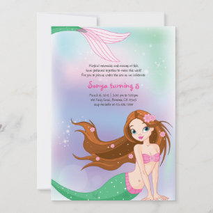 Brunette Mermaid Carte d'invitation d'anniversaire