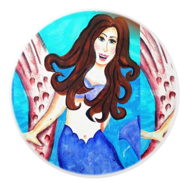 brunette mermaid ceramic knob (Front)