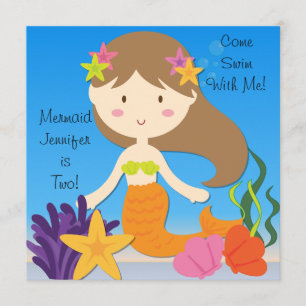 Brunette  Mermaid Custom Birthday Invitation