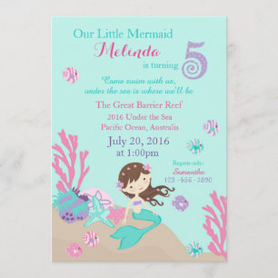 Brunette Mermaid Fifth Birthday Invitation