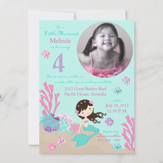 Brunette Mermaid Fourth Birthday Invitation (Front)
