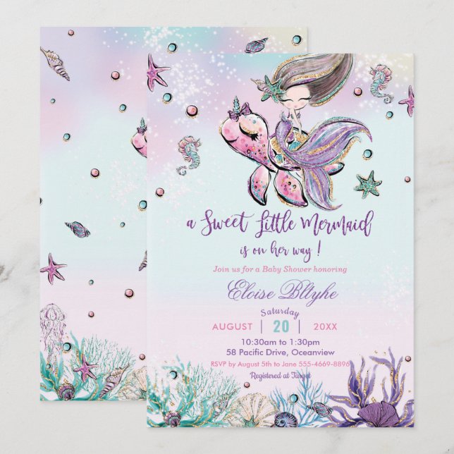 Brunette Mermaid Girl Baby Shower Under the Sea Invitation (Front/Back)