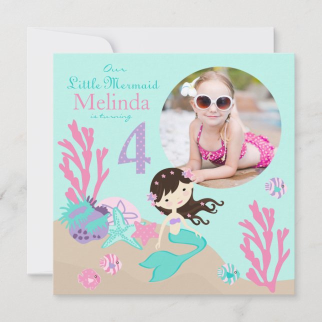 Brunette Mermaid Invitation du quatrième anniversa (Devant)