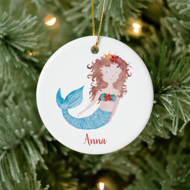 Brunette Mermaid Personalized Little Girl Daughter Ceramic Ornament (Tree)