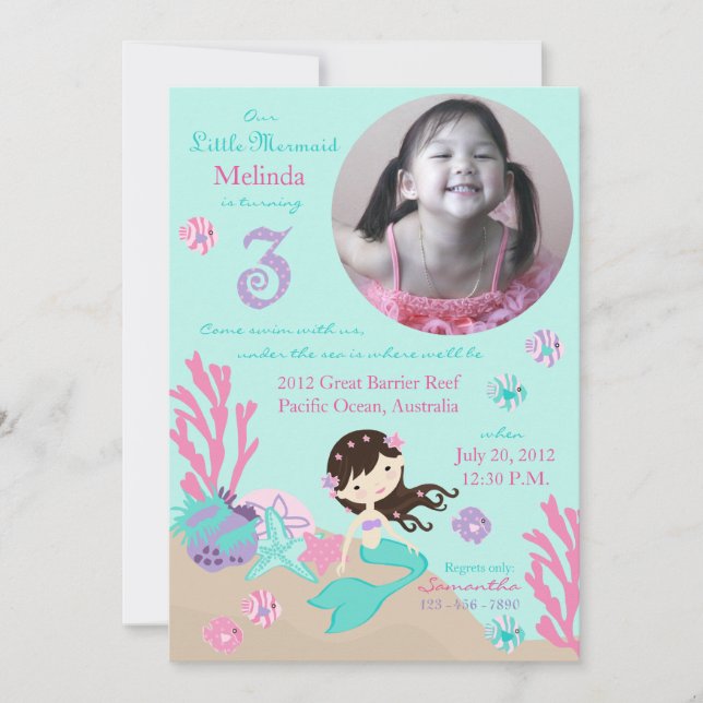 Brunette Mermaid Third Birthday Invitation (Front)
