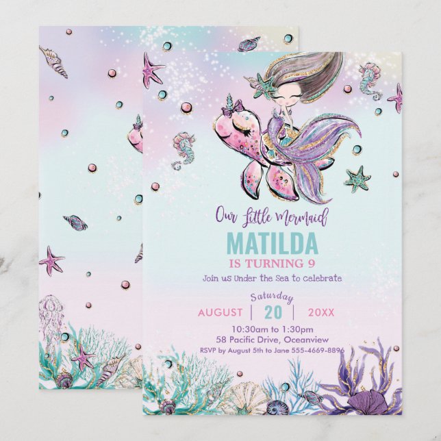 Brunette Mermaid Under the Sea Birthday Party Invitation (Front/Back)