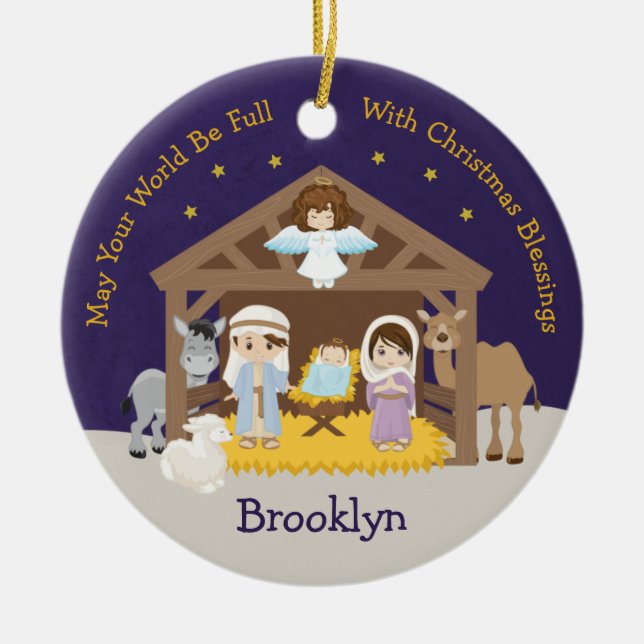 Brunette Nativity Scene Ceramic Ornament (Front)