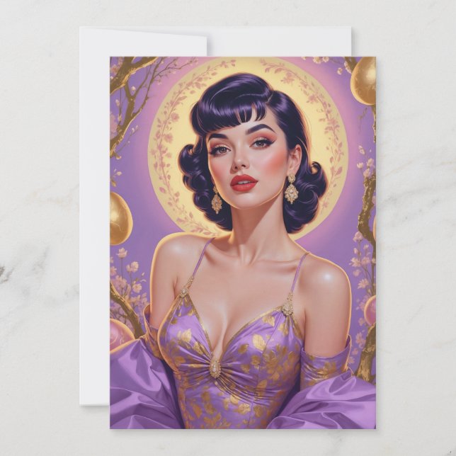 Brunette Pin-Up Easter Eggs Gold and Purple Holiday Card (Front)