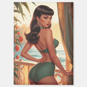 Brunette Pin-Up Green Bikini Seaview Balcony Magnet