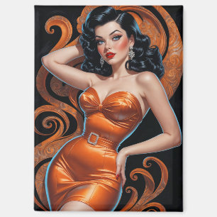 Brunette Pin-Up Orange Dress Magnet