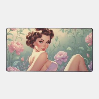 Brunette Pin-Up Pastel Flowers Desk Mat