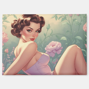 Brunette Pin-Up Pastel Flowers  Magnet