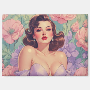 Brunette Pin-Up Pastel Flowers Magnet