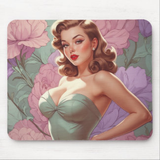 Brunette Pin-Up Pastel Flowers Mouse Pad