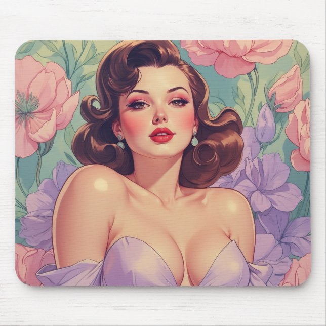 Brunette Pin-Up Pastel Flowers Mouse Pad (Front)