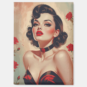 Brunette Pin-Up Red Roses Portrait  Magnet