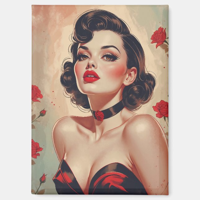 Brunette Pin-Up Red Roses Portrait  Magnet (Front)