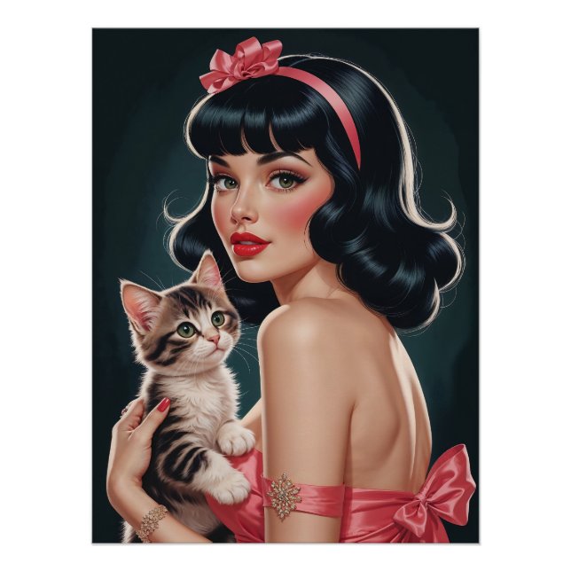Brunette Pin-Up with Cute Kitten Portrait Poster (Front)