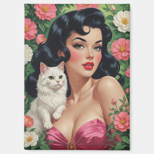 Brunette Pin-Up with Cute White Cat Magnet
