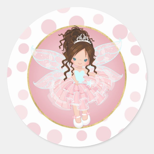 Brunette Pink Fairy Classic Round Sticker (Front)
