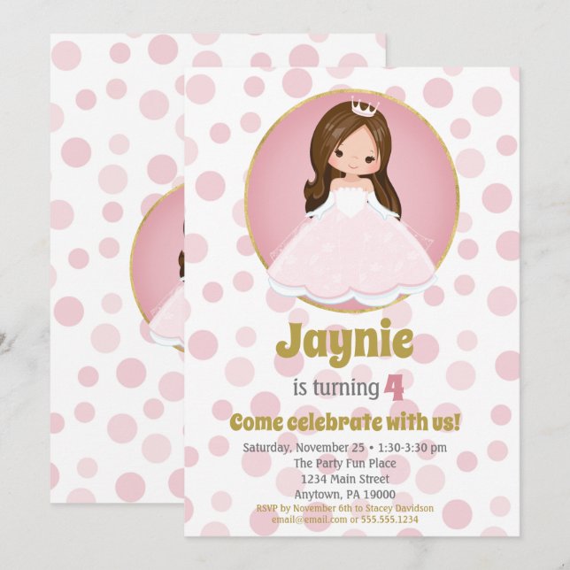 Brunette Pink Princess Girls Invitation Anniversai (Devant / Derrière)
