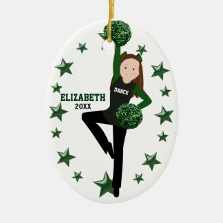 Brunette Pom Squad Green & Black Ceramic Ornament