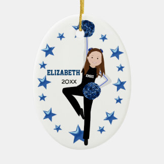 Brunette Pom Squad in Black, Blue & White Ceramic Ornament