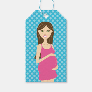 Brunette Pregnant Woman In Pink Dress Gift Tags