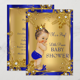 Brunette Prince Boy Baby Shower Gold Blue Floral Invitation