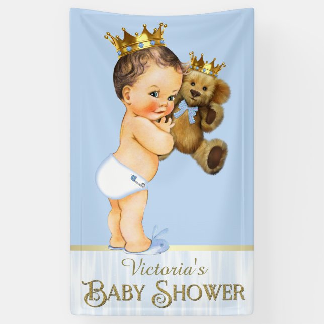 Brunette Prince Teddy Bear Baby Shower Banner (Vertical)