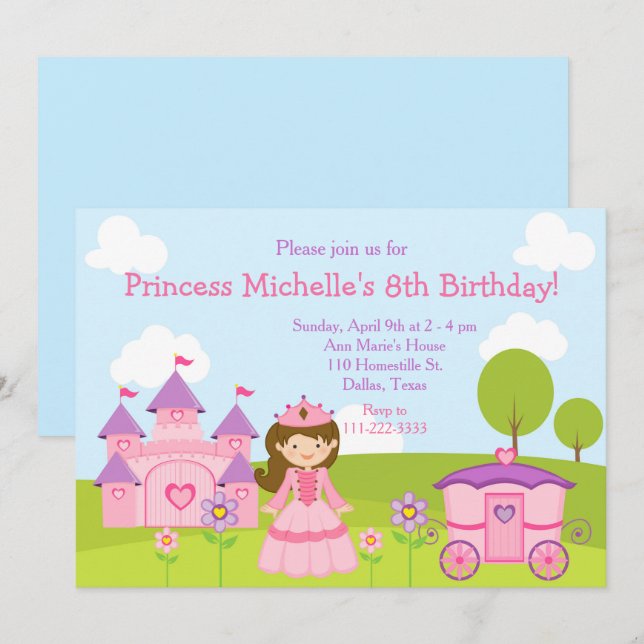 Brunette Princess and Castle and Birthday Party Invitation (Front/Back)