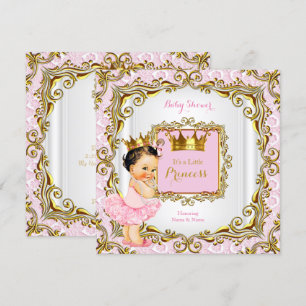 Brunette Princess Baby Shower Pink Lace White Gold Invitation