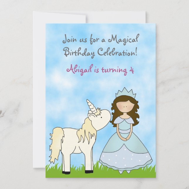 Brunette Princess et Unicorn Invitation d'annivers (Devant)