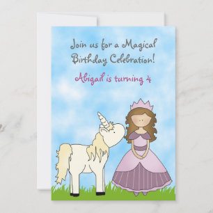 Brunette Princess et Unicorn Invitation d'annivers