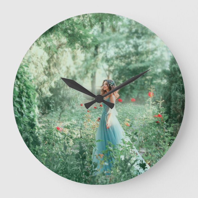 Brunette Princess: Fairy Forest Watercolor Large Clock (Front)