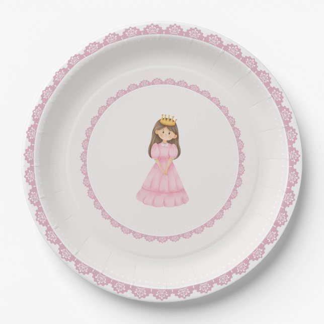 Brunette Princess Pink Lace Enchanting  Paper Plate (Front)
