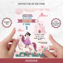 Brunette Princess Riding Unicorn Party Invitation