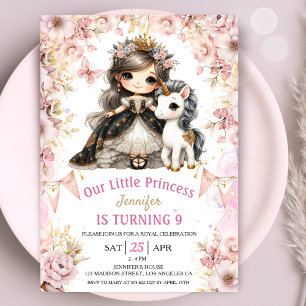 Brunette Princess Unicorn 9th Birthday Invitation