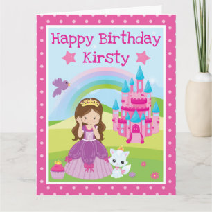 Brunette Princess with castle & rainbow birthday Card