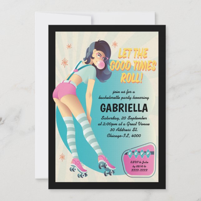 Brunette Retro Roller Skating Bachelorette Party Invitation (Front)