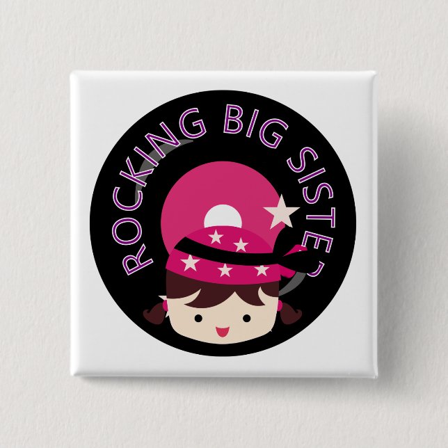 Brunette Rocking Big Sister 2 Inch Square Button (Front)