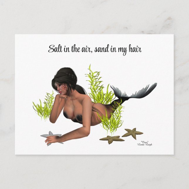 Brunette Sirène Avec Carte Postale Starfish (Devant)
