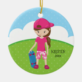 Brunette Skateboard Girl Personalized Christmas Ceramic Ornament