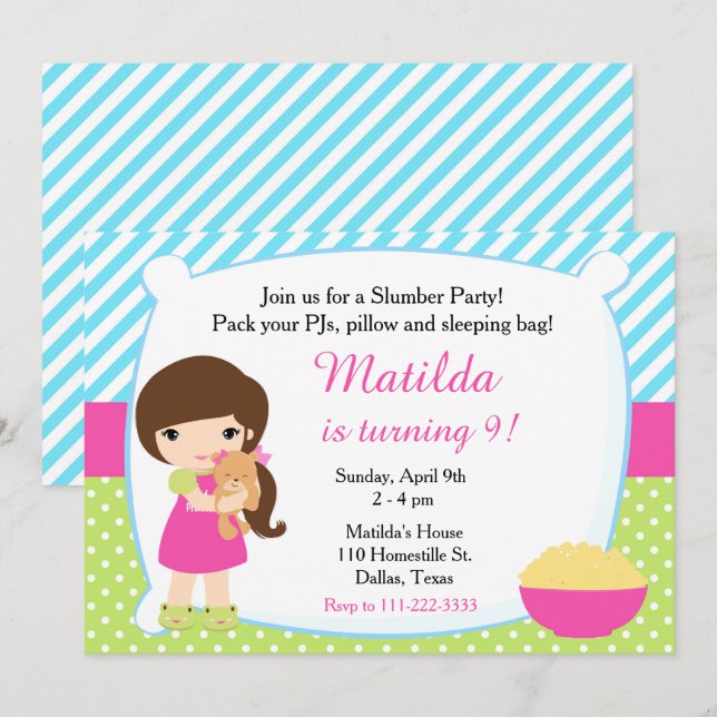Brunette Sleepover Slumber Party Birthday Invitation (Front/Back)