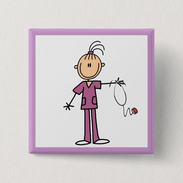 Brunette Stick Figure Nurse 2 Inch Square Button (Front)