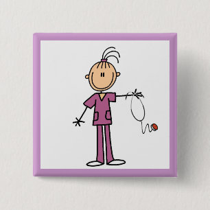 Brunette Stick Figure Nurse 2 Inch Square Button