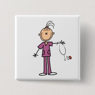 Brunette Stick Figure Nurse 2 Inch Square Button