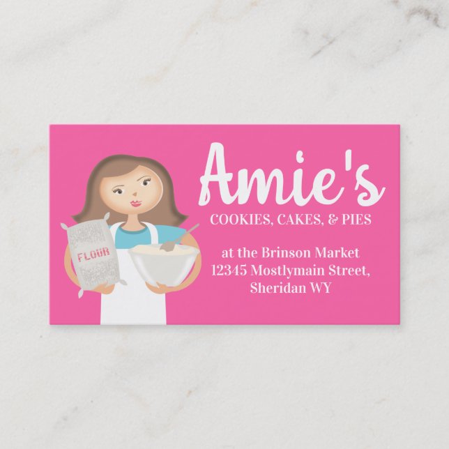 Brunette woman baking chef flour business cards (Front)