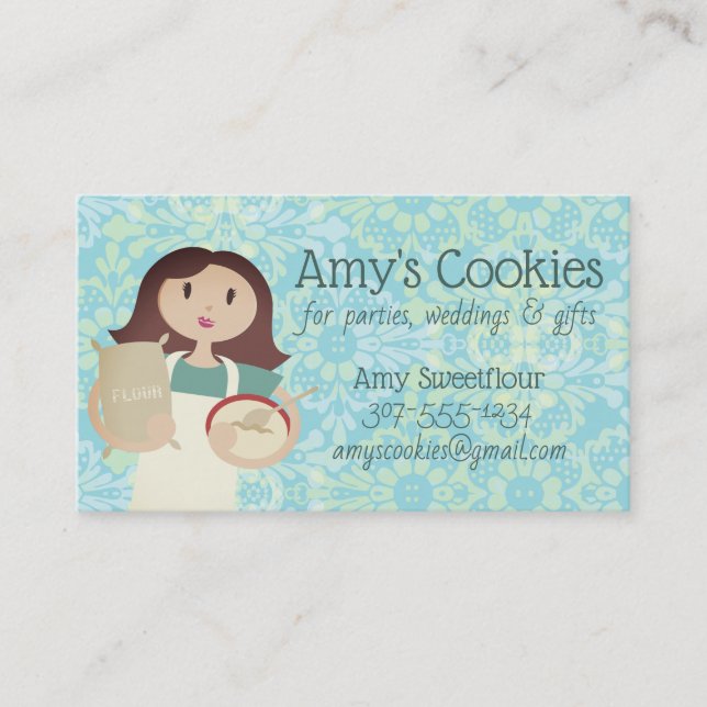 Brunette woman flour bakery pastry chef business card (Front)
